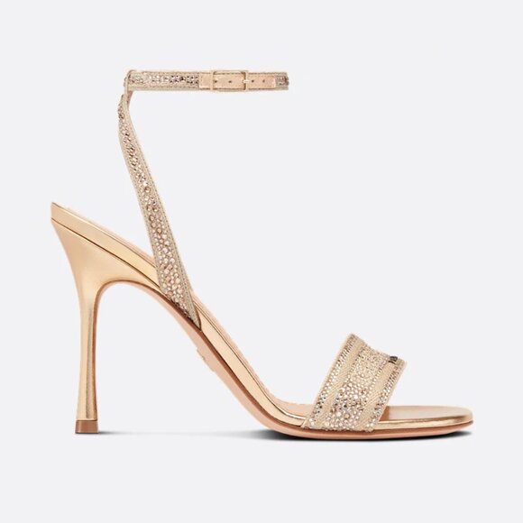 Dior Dway Heeled Sandal Gold-Tone Cotton Embroidered with Metallic Thread - Picture 13 of 15